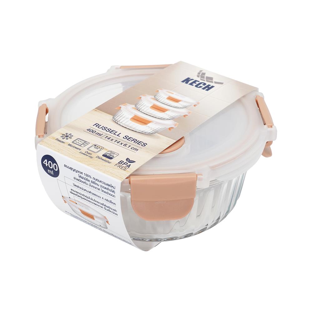 กล่องอาหารแก้วกลม KECH RUSSELL 0.4 ลิตร สีพีช
