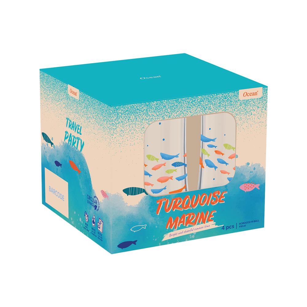 แก้วน้ำ 410 มล. OCEAN GLASS SUMMER SET TURQUOISE MARINE HI BALL (แพ็ก 4 ใบ)