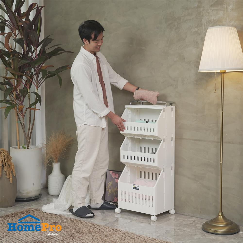 ตะกร้าผ้าเหลี่ยมมีล้อ 3 ชั้น PLIM TESSA สีขาว