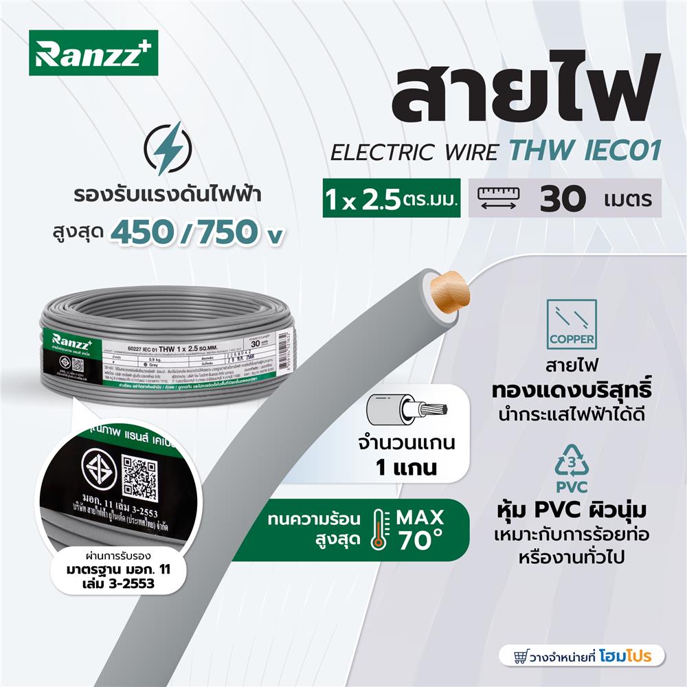 สายไฟ THW IEC01 RANZZ 1x2.5 ตร.มม. 30 ม. สีเทา
