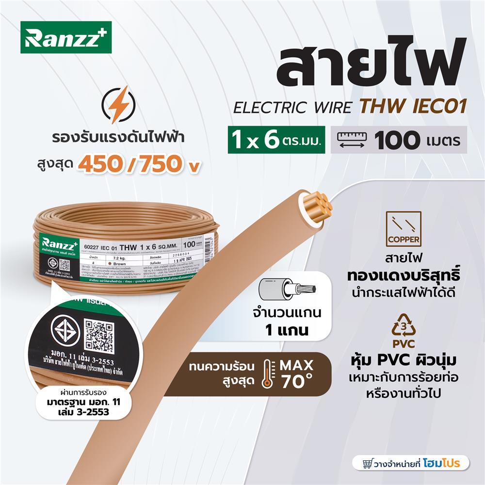 สายไฟ THW IEC01 RANZZ 1x6 ตร.มม. 100 ม. สีน้ำตาล