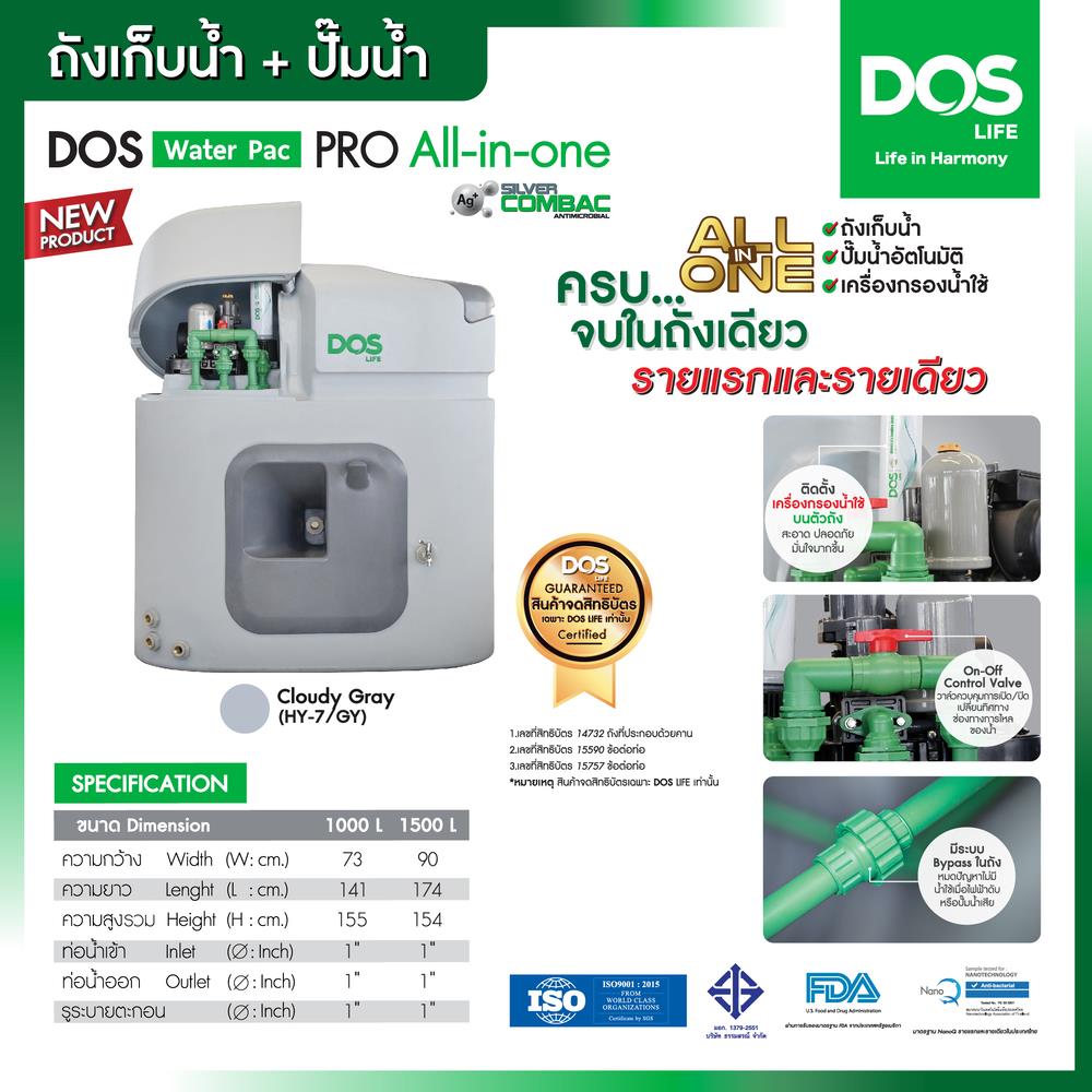 ถังเก็บน้ำ DOS WATER PAC PRO GY1500 ลิตร+ปั๊มน้ำ HITACHI TMP600XX2 600W+เครื่องกรองน้ำใช้ DOS DP-WTP สีเทา