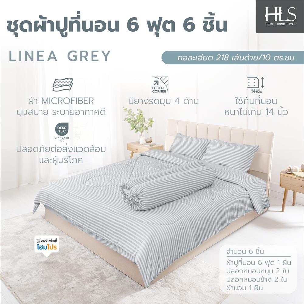 ชุดผ้าปูที่นอน 6 ฟุต (ชุด 6 ชิ้น) HOME LIVING STYLE LINEA สี GREY
