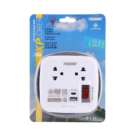 รางปลั๊กไฟพกพา 2 ช่อง 2USB 1A1C 2.4A 10A TOSHINO XP-UC 1.8 ม. สีขาว_3