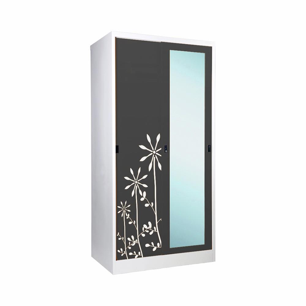 ตู้เสื้อผ้าเหล็กบานเลื่อนผสมกระจกเงา KOL KXW-18-I 91.4 ซม. สีเทา