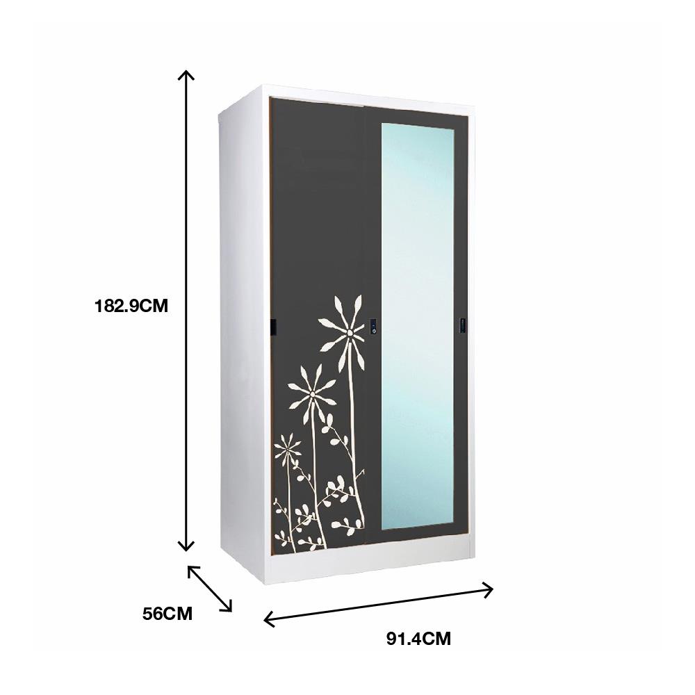 ตู้เสื้อผ้าเหล็กบานเลื่อนผสมกระจกเงา KOL KXW-18-I 91.4 ซม. สีเทา