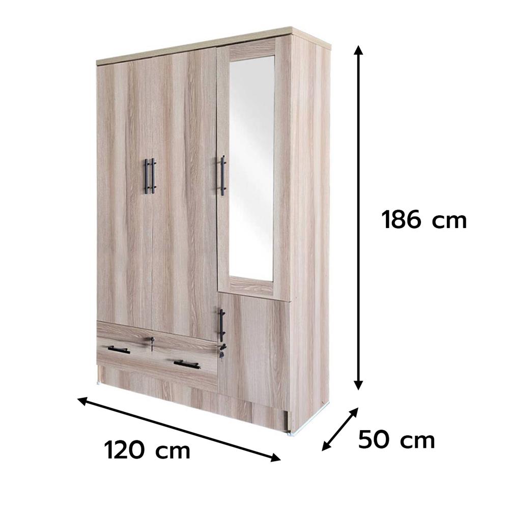 ตู้เสื้อผ้า 3 บานเปิด FURDINI HERO 120 ซม. สี NATURAL OAK/กระจกเงา