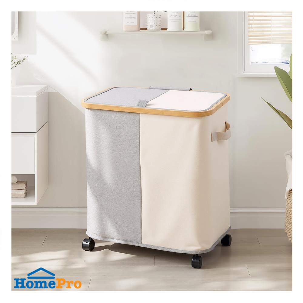 ถังผ้าเหลี่ยมสูงมีล้อ 2 ช่อง PLIM LAUNDRA สีขาว/เทา