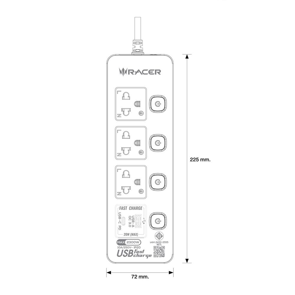 รางปลั๊กไฟ 3 ช่อง 4 สวิตช์ 2 USB RACER 3 เมตร สีขาว
