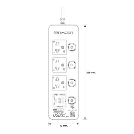 รางปลั๊กไฟ 3 ช่อง 4 สวิตช์ 2 USB RACER 3 เมตร สีขาว_5