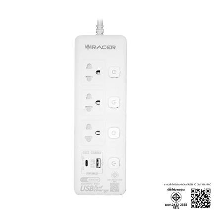 รางปลั๊กไฟ 3 ช่อง 4 สวิตช์ 2 USB RACER 3 เมตร สีขาว_6