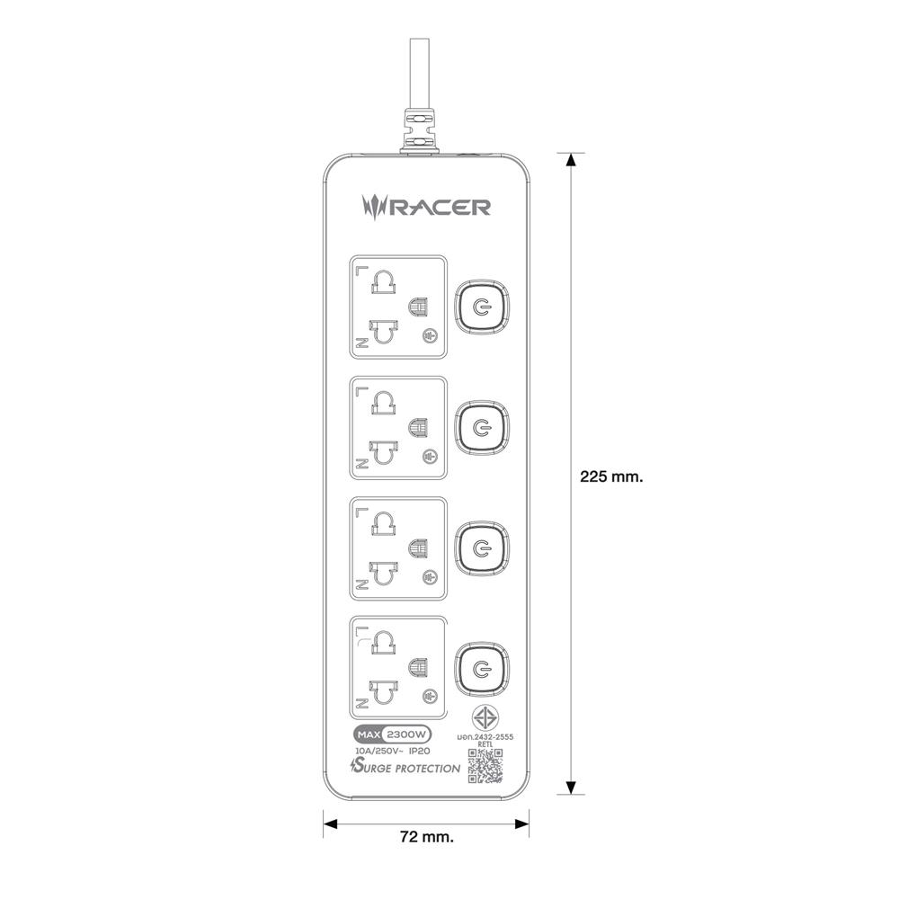 รางปลั๊กไฟ 4 ช่อง 4 สวิตช์ RACER 10 แอมป์ 3 ม. สีขาว