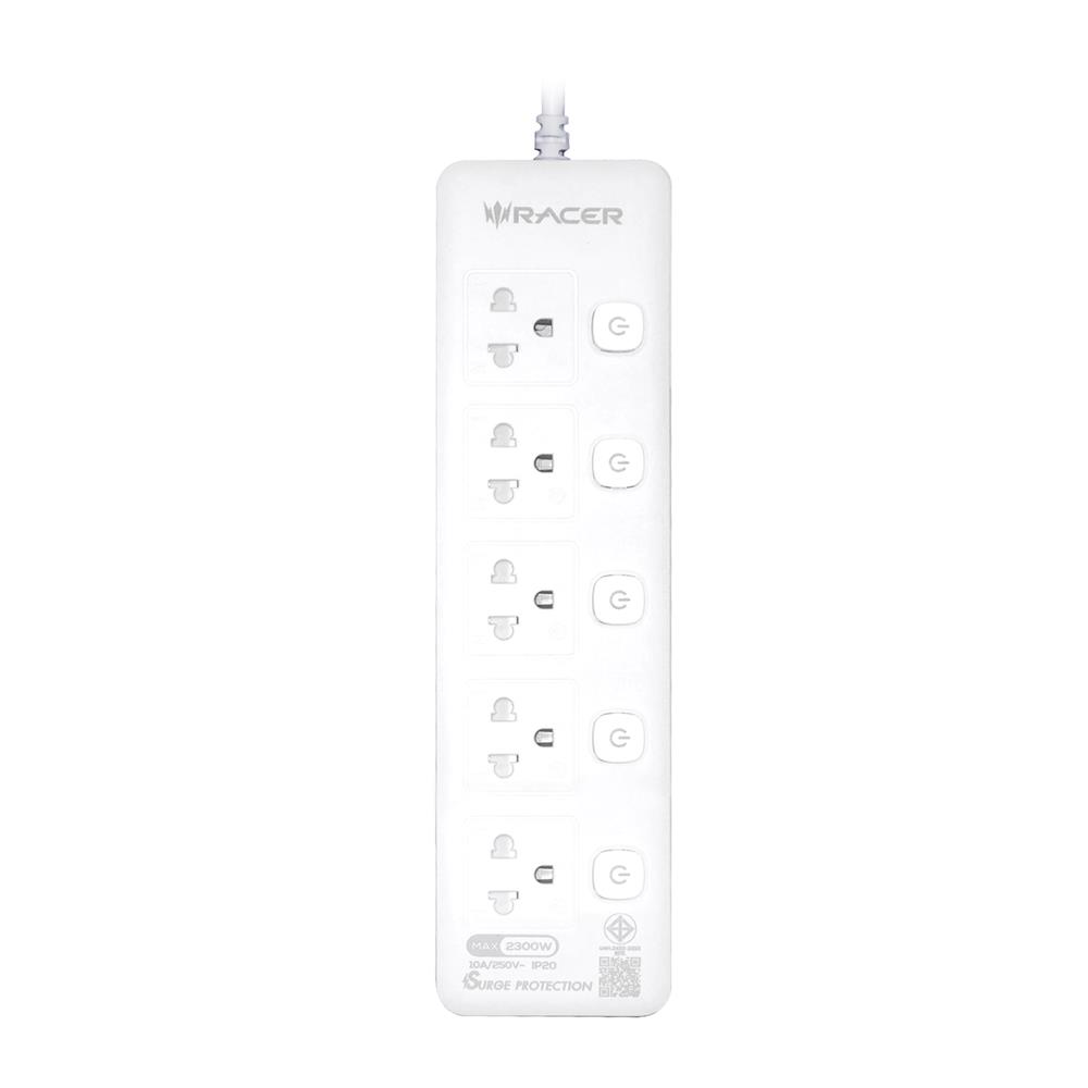 รางปลั๊กไฟ 5 ช่อง 5 สวิตช์ RACER 10 แอมป์ 3 ม. สีขาว