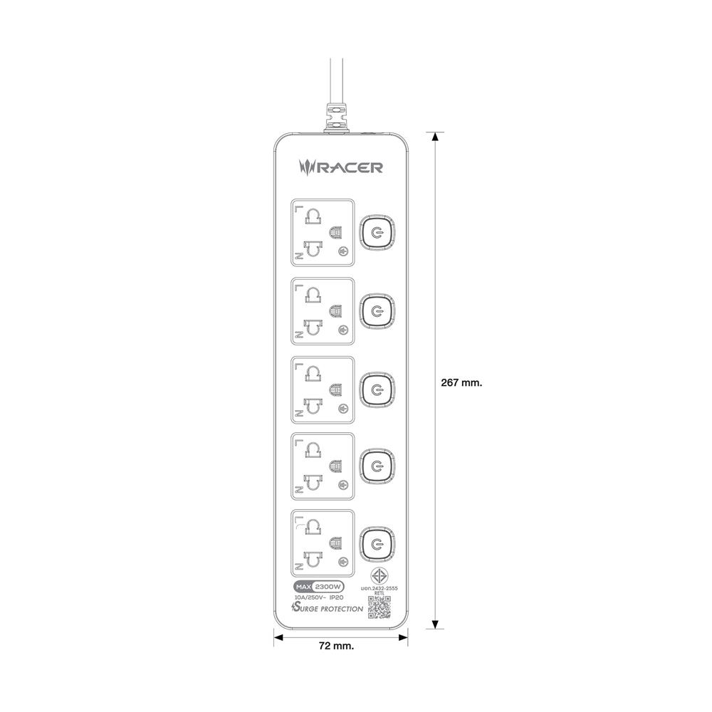 รางปลั๊กไฟ 5 ช่อง 5 สวิตช์ RACER 10 แอมป์ 3 ม. สีขาว