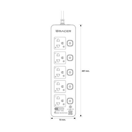 รางปลั๊กไฟ 5 ช่อง 5 สวิตช์ RACER 10 แอมป์ 3 ม. สีขาว_5