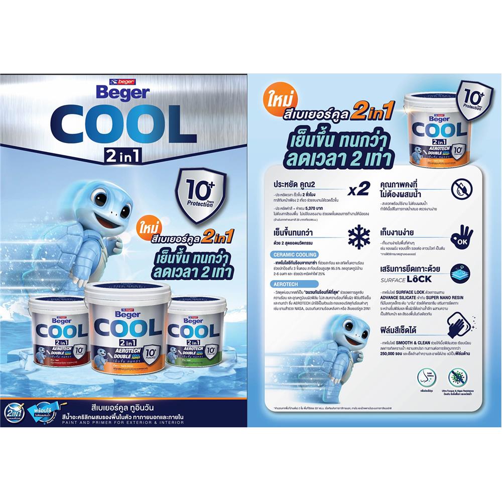 สีน้ำทาภายใน ชนิดด้าน BEGER COOL 2 IN 1 BASE D สีขาว 2.5 แกลลอน