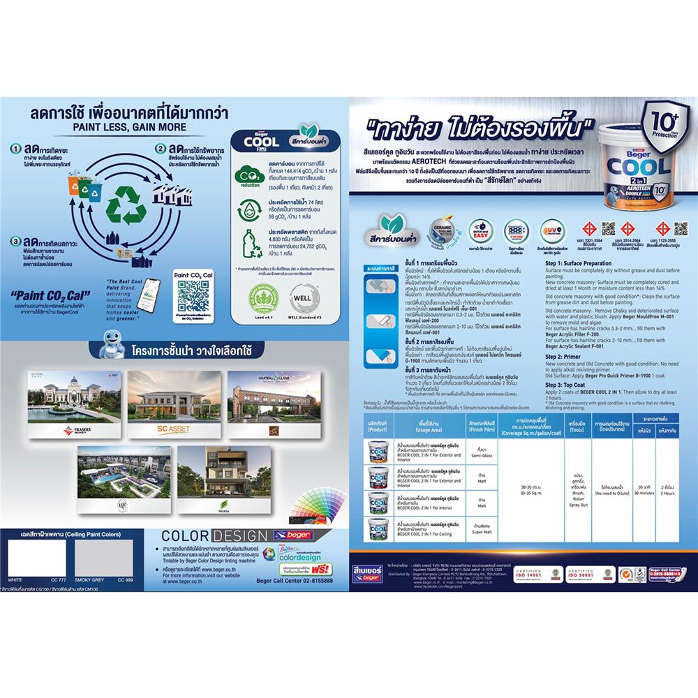 สีน้ำทาภายนอก ชนิดด้าน BEGER COOL 2 IN 1 BASE B สีขาว 1 แกลลอน