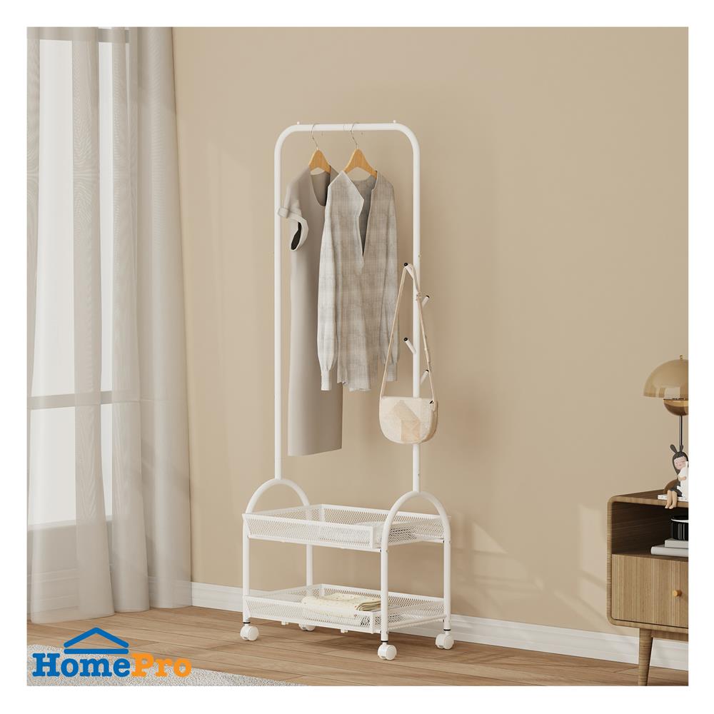 ราวแขวนผ้ามีล้อพร้อมชั้นวางของ 2 ชั้น PLIM POLAR 60 ซม. สีขาว