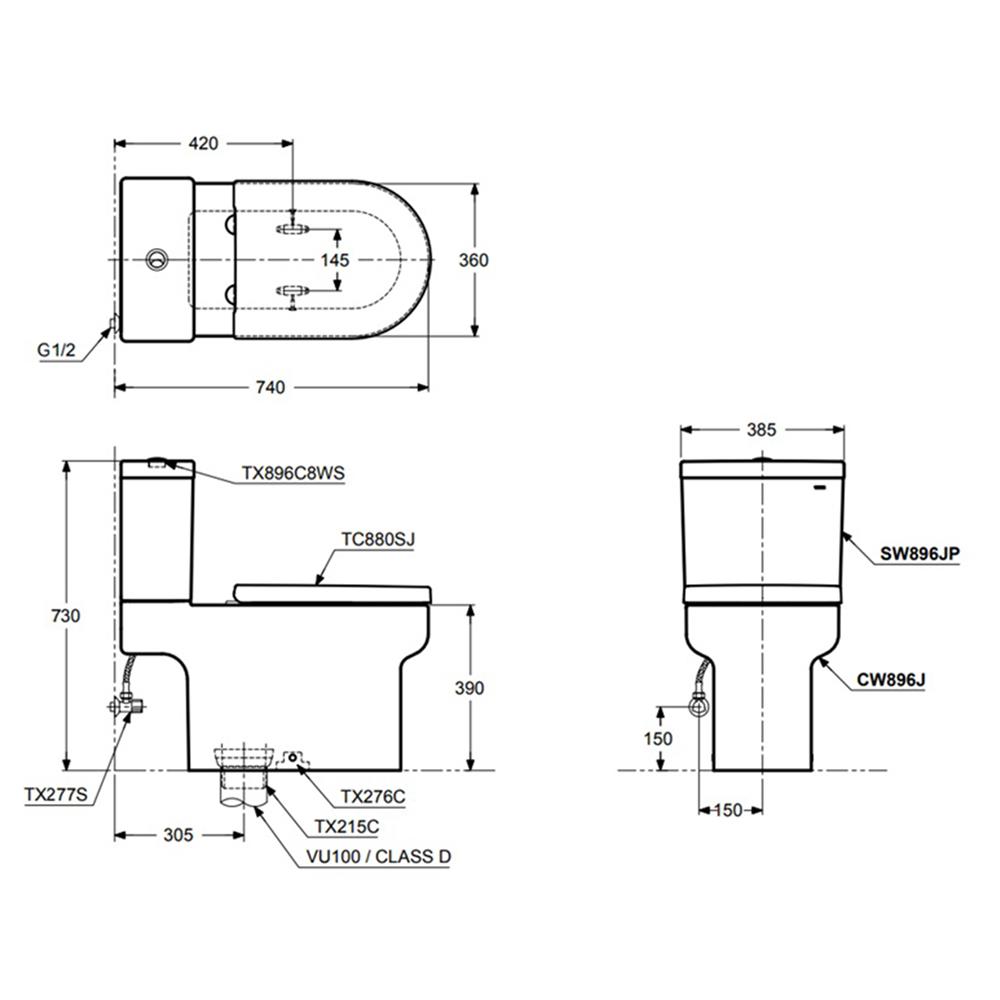 สุขภัณฑ์ 2 ชิ้น TOTO CST896 3/4.5 ลิตร สีขาว