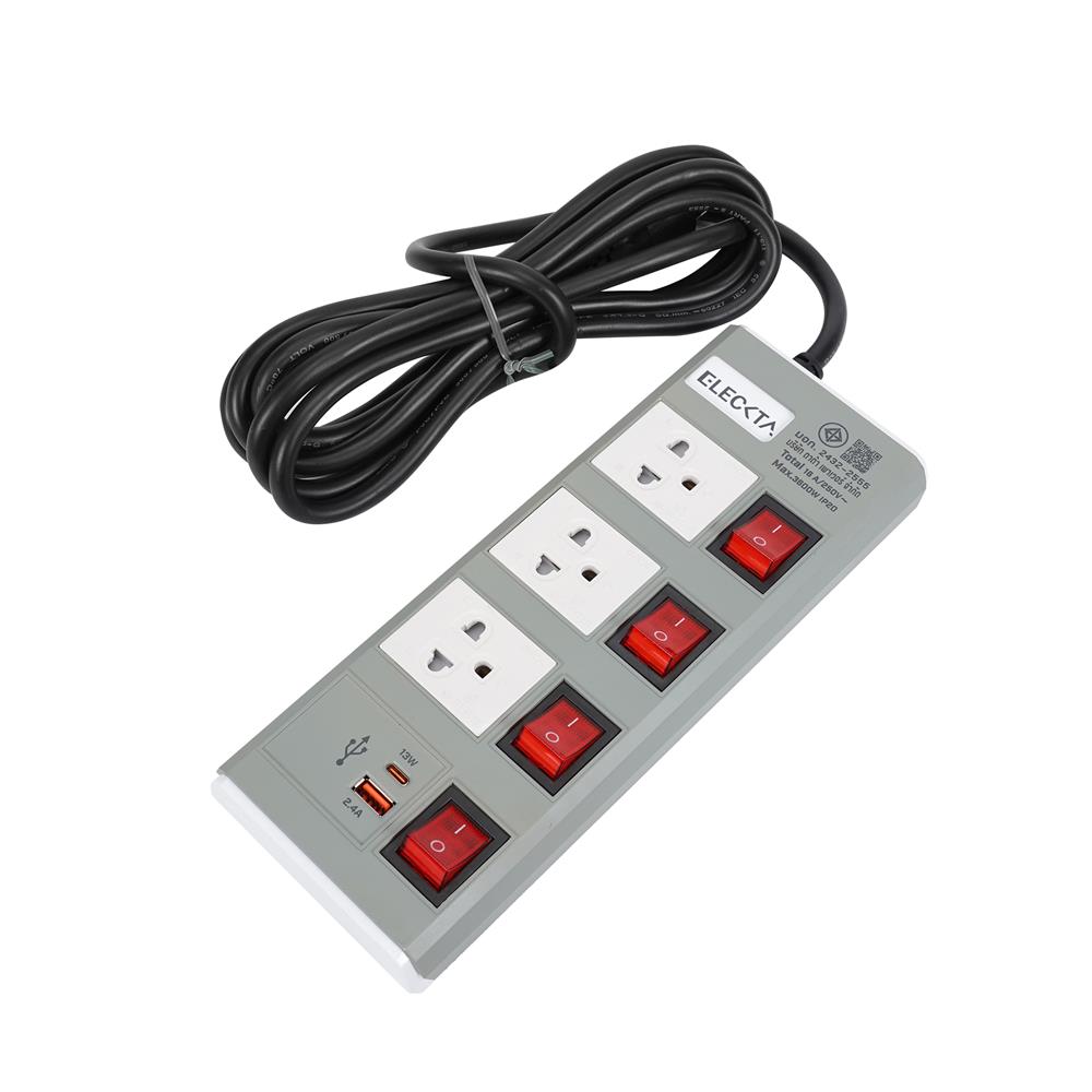 รางปลั๊กไฟ 3 ช่อง 4 สวิตช์ 1 USB-A 1 TYPE-C ELECKTA ETDU4264GY 16 แอมป์ 3 ม. สีเทา