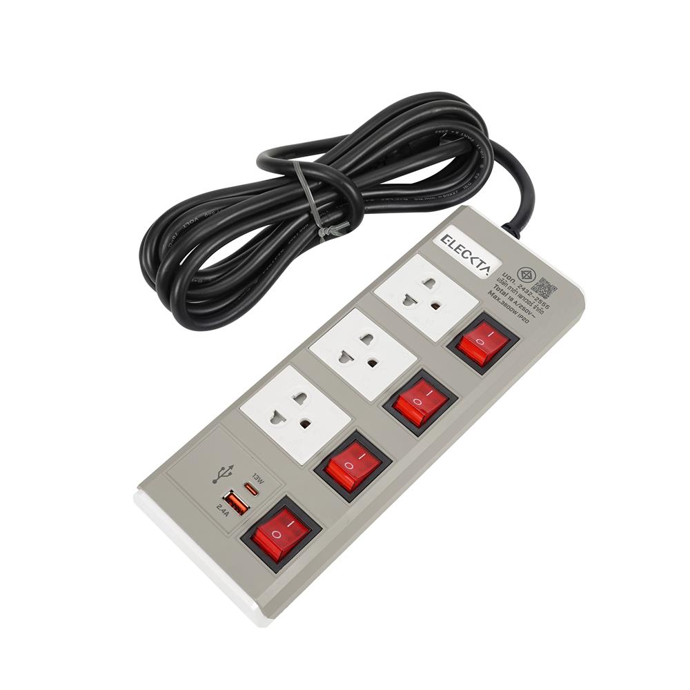 รางปลั๊กไฟ 3 ช่อง 4 สวิตช์ 1 USB-A 1 TYPE-C ELECKTA ETDU4264BE 16 แอมป์ 3 ม. สีเบจ