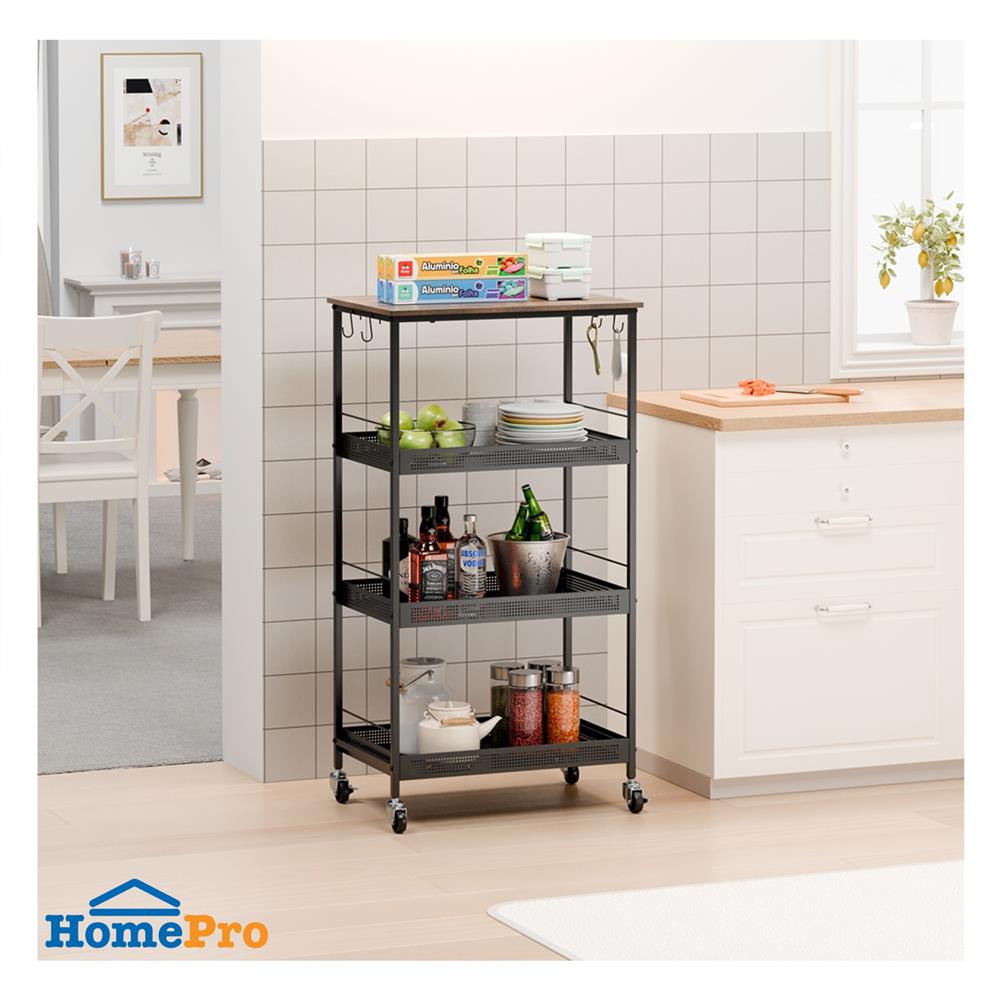 ชั้นวางของเหล็ก 4 ชั้น พร้อม TOP ไม้ มีล้อ STACKO RUSTIC 60x40x115 ซม. สีดำ