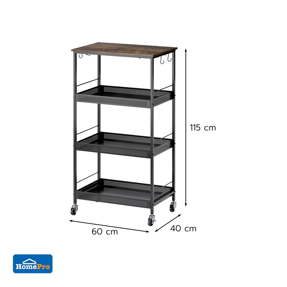 ชั้นวางของเหล็ก 4 ชั้น พร้อม TOP ไม้ มีล้อ STACKO RUSTIC 60x40x115 ซม. สีดำ