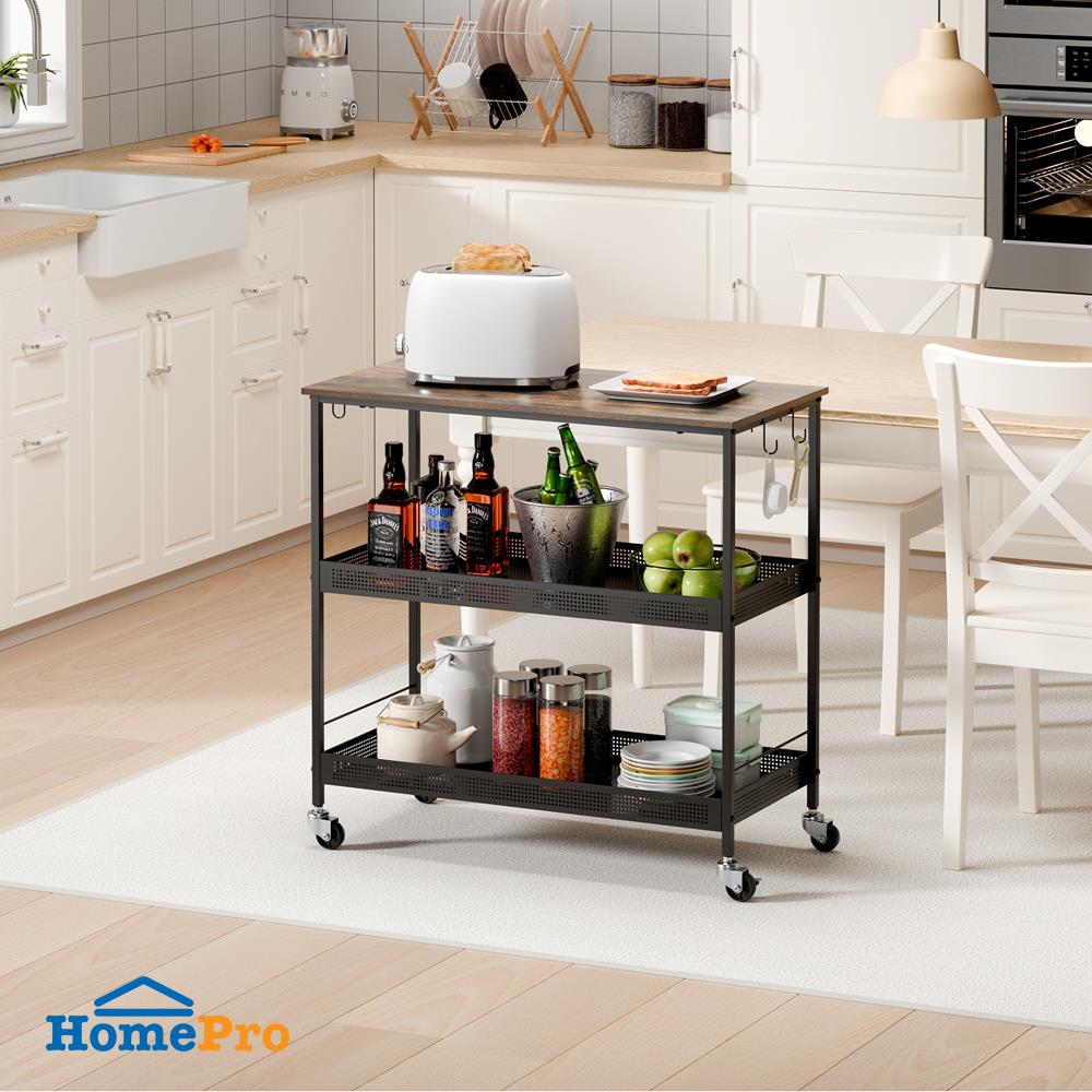 ชั้นวางของเหล็ก 3 ชั้น พร้อม TOP ไม้ มีล้อ STACKO RUSTIC 80x40x81.2 ซม. สีดำ