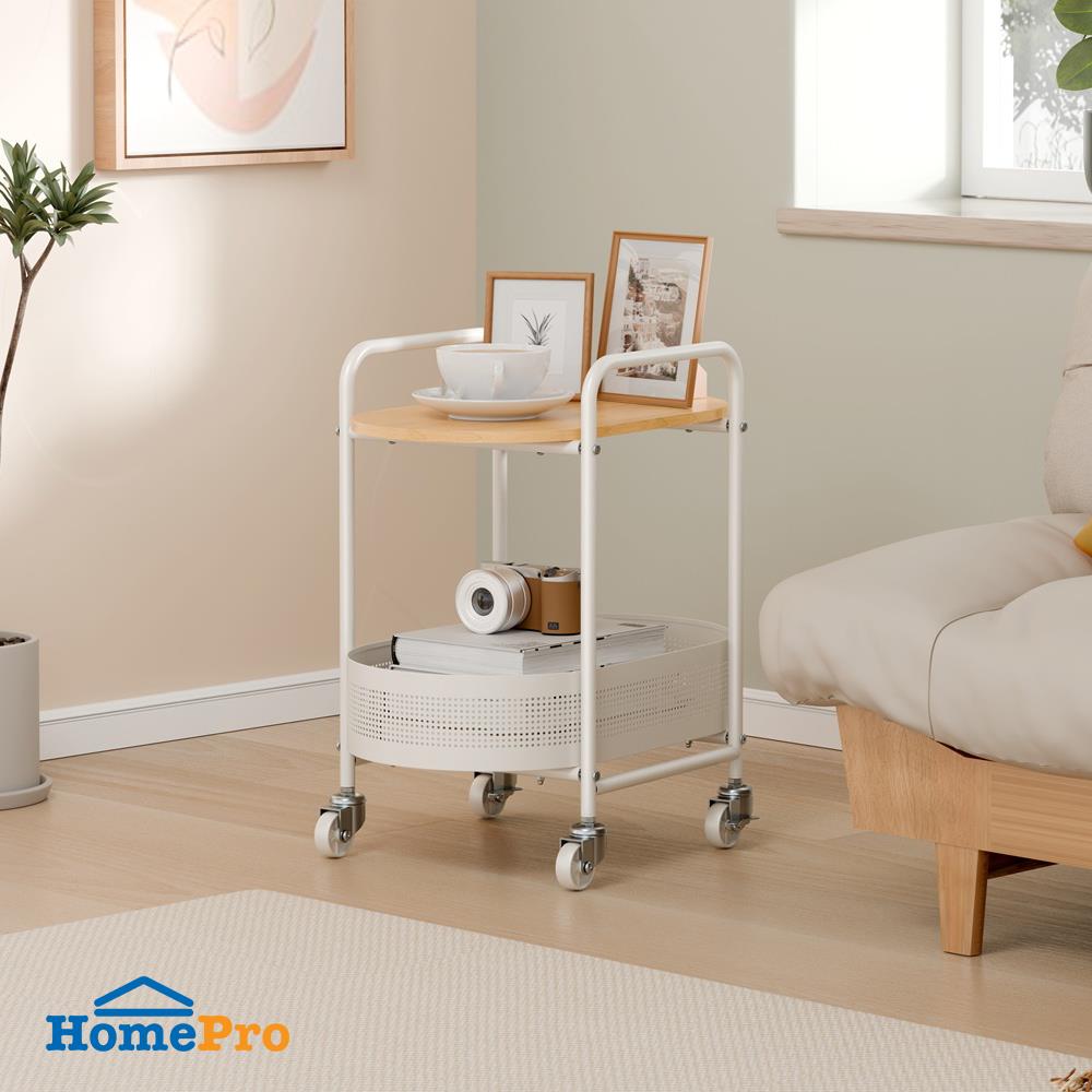 ชั้นวางของ 2 ชั้น พร้อม TOP ไม้ มีล้อ STACKO BOWA 49.5x32.6x54.5 ซม. สีขาว