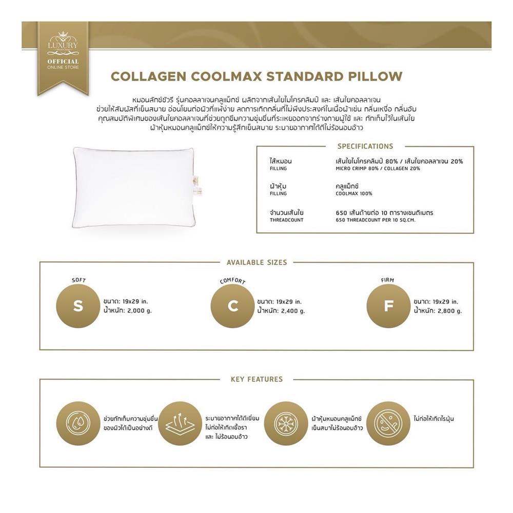 หมอนหนุน ไมโครไฟเบอร์ LUXURY PILLOW COLLAGEN COOLMAX SOFT 19x29 นิ้ว สีขาว