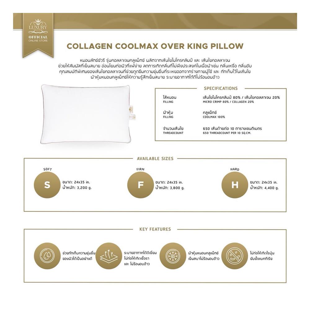 หมอนหนุน ไมโครไฟเบอร์ LUXURY PILLOW COLLAGEN COOLMAX FIRM 24x35 นิ้ว