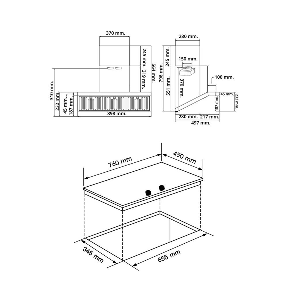 เตาฝัง+เครื่องดูดควัน AXIA SRN76+STARLIGHT90SS