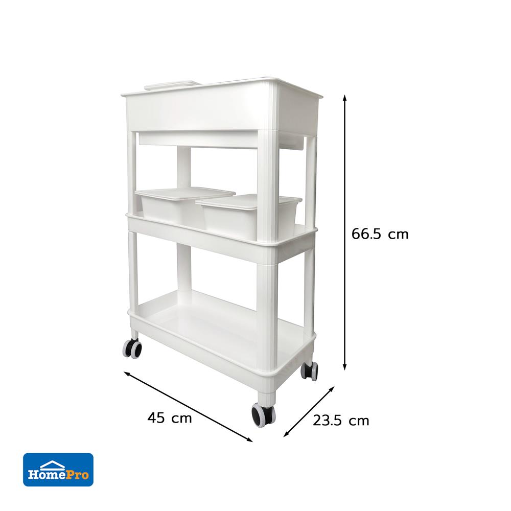 ชั้นพลาสติก 3 ชั้นพร้อมล้อ STACKO GENIE 45x23.5x66.5 ซม. สีขาว
