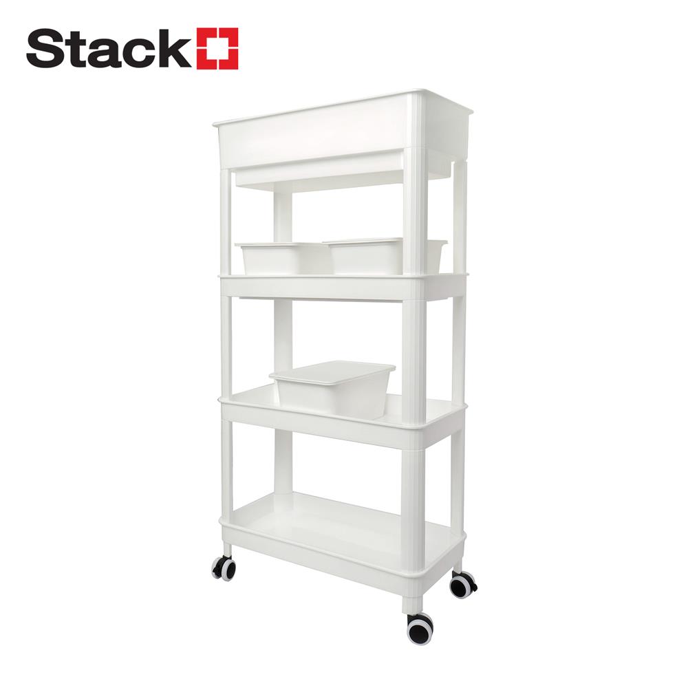 ชั้นพลาสติก 4 ชั้นพร้อมล้อ STACKO GENIE 45x23.5x91 ซม. สีขาว