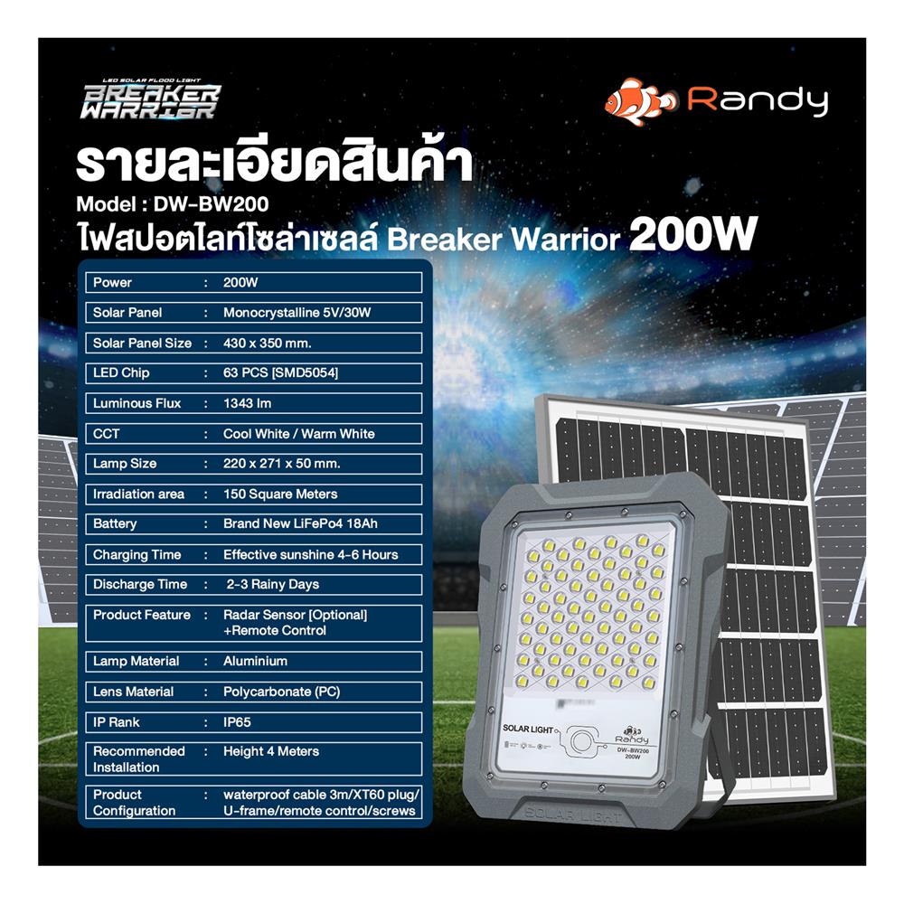 สปอตไลท์ SOLAR RANDY DW-BW 200 วัตต์ COOL WHITE สีเทา