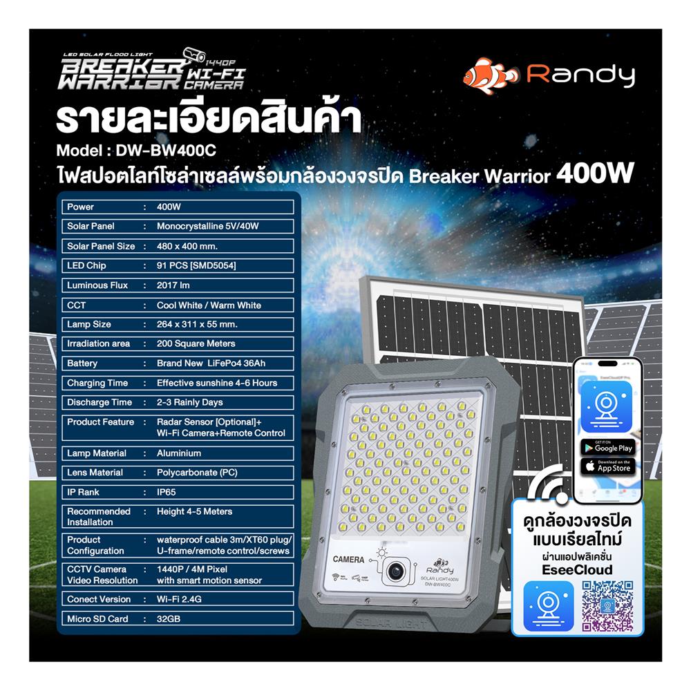 สปอตไลท์ SOLAR RANDY DW-BWC 400 วัตต์ COOL WHITE สีเทา พร้อมกล้อง CCTV