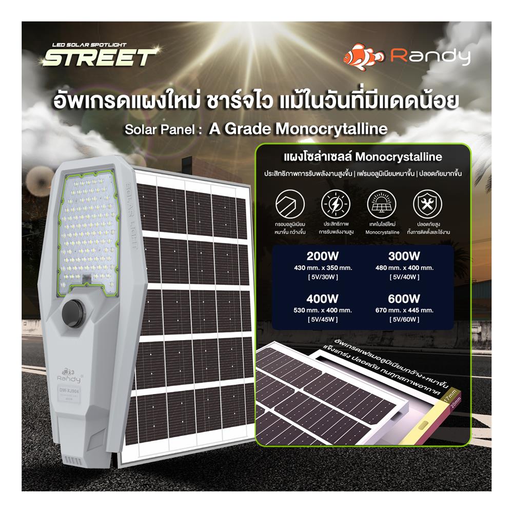 ไฟถนน SOLAR RANDY DW-XJ-904 400 วัตต์ DAYLIGHT สีเทา