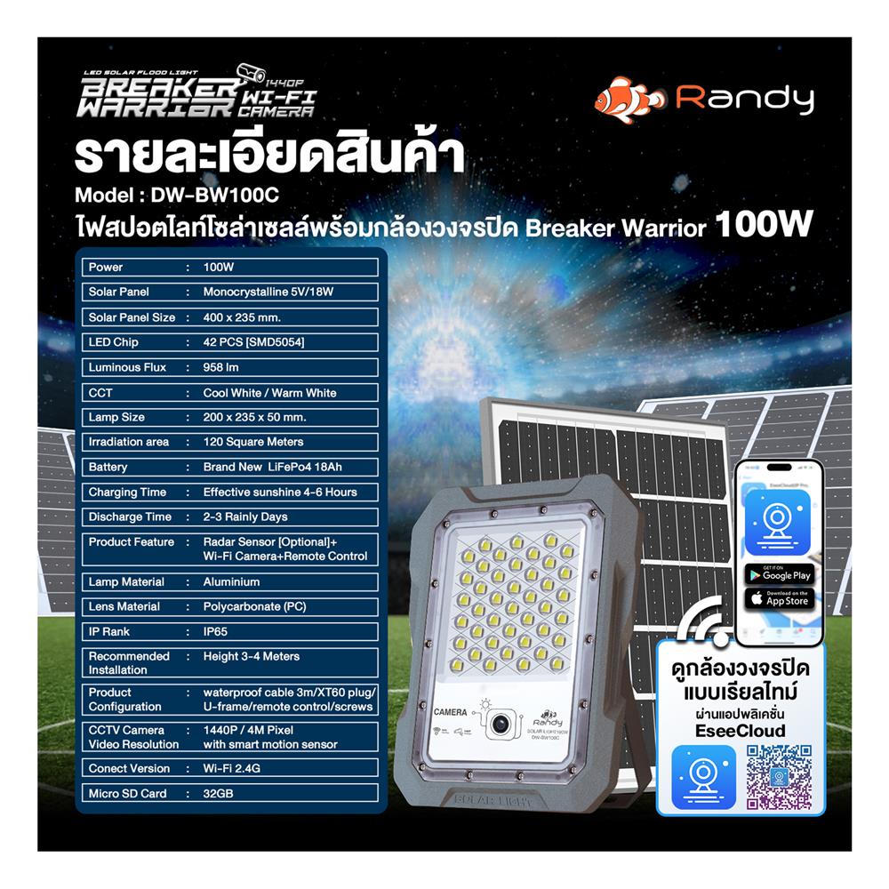 สปอตไลท์ SOLAR RANDY DW-BWC 100 วัตต์ COOL WHITE สีเทา พร้อมกล้อง CCTV