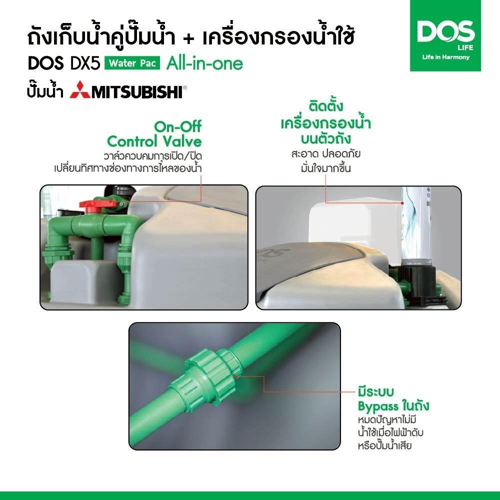ถังเก็บน้ำ DOS WATER PAC DX5 700 ลิตร+ปั๊ม MITSUBISHI EP255R2 250 วัตต์+เครื่องกรองน้ำใช้ DUPONT สีเทา