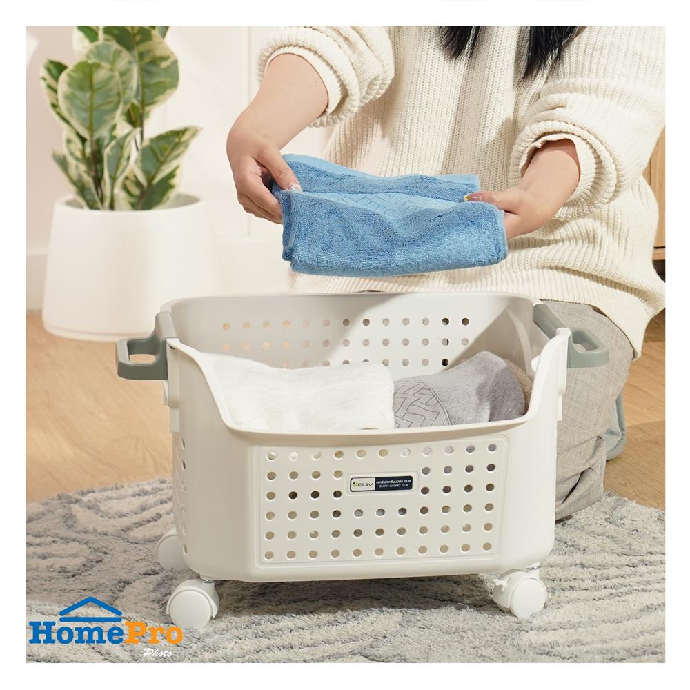 ตะกร้าผ้าเหลี่ยมเตี้ยมีล้อ PLIM OLIS SIZE M สีขาว