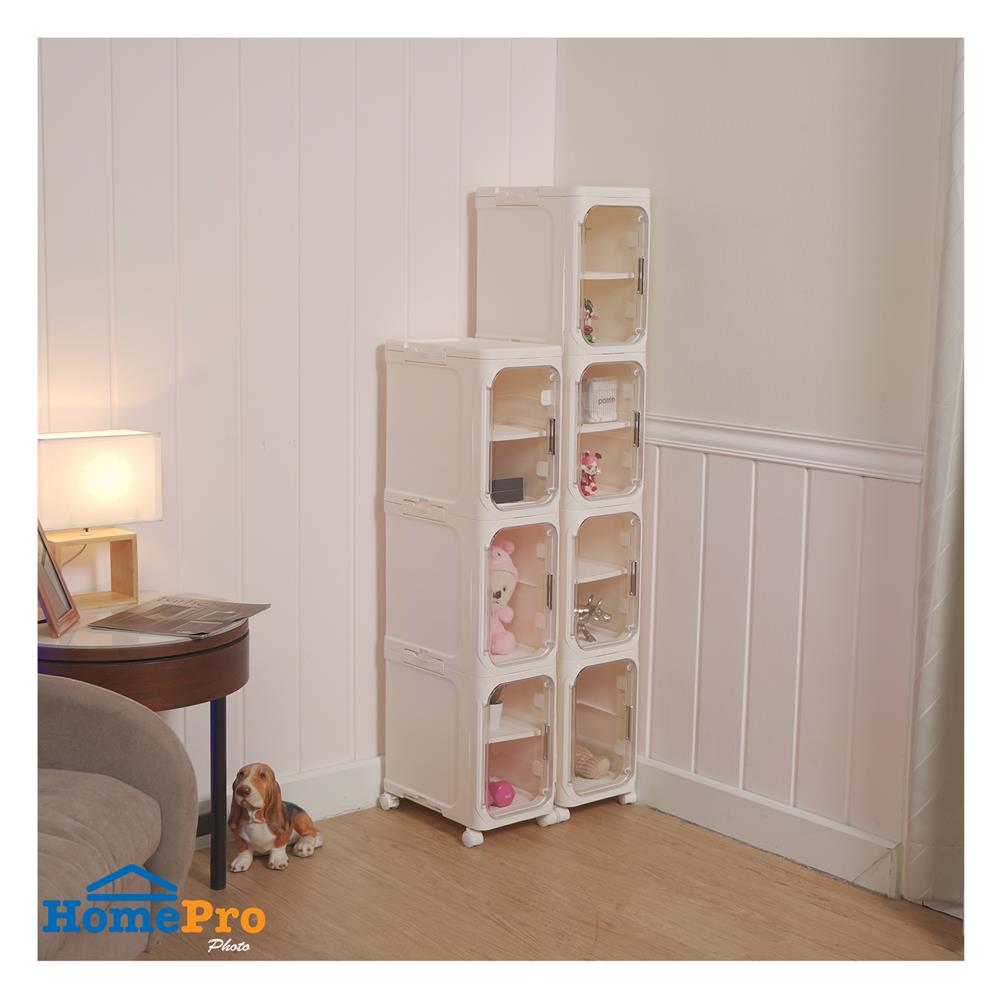 ตู้บานเปิดแคบ 4 ชั้น มีล้อ STACKO NICO 20x33x125.5 ซม. สีวอร์มขาว/ใส