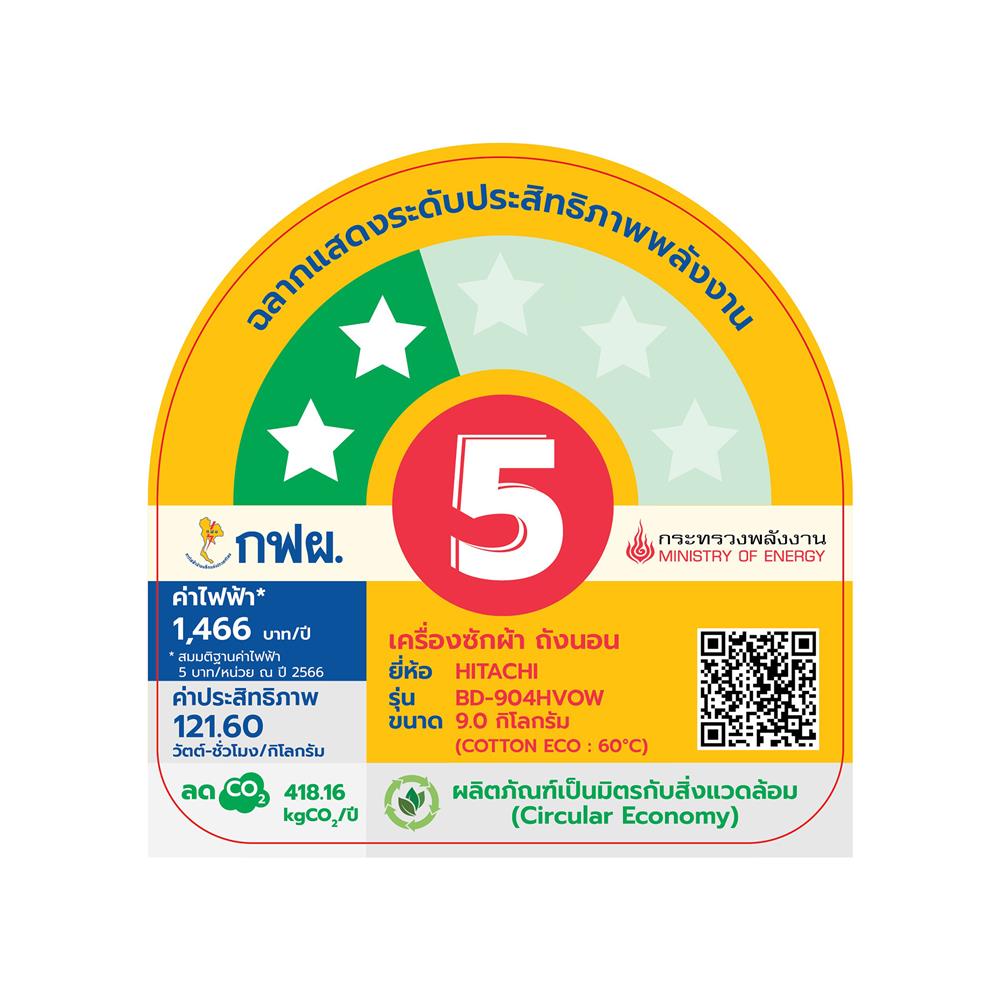 เครื่องซักผ้าฝาหน้า HITACHI BD-904HVOW 9 กก. 1400RPM อินเวอร์เตอร์ สีขาว