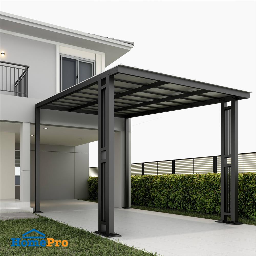 โรงจอดรถสำเร็จรูป หลังคาไวนิล ไม่มีรางน้ำฝน เสาตกแต่ง SUNSHIELD 3x5 เมตร