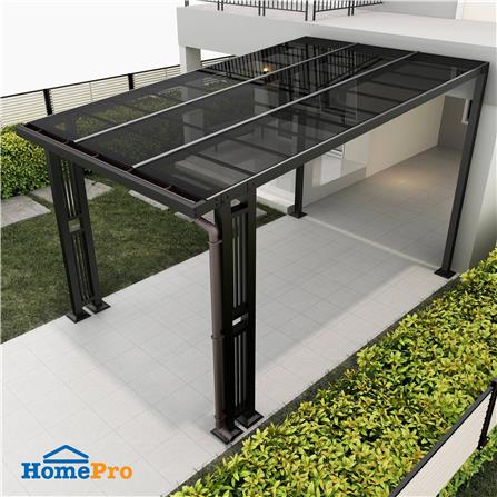 โรงจอดรถสำเร็จรูป หลังคาโพลีคาร์บอเนตแบบตัน มีรางน้ำฝน เสาตกแต่ง SUNSHIELD 3x5 เมตร สีเทา_0