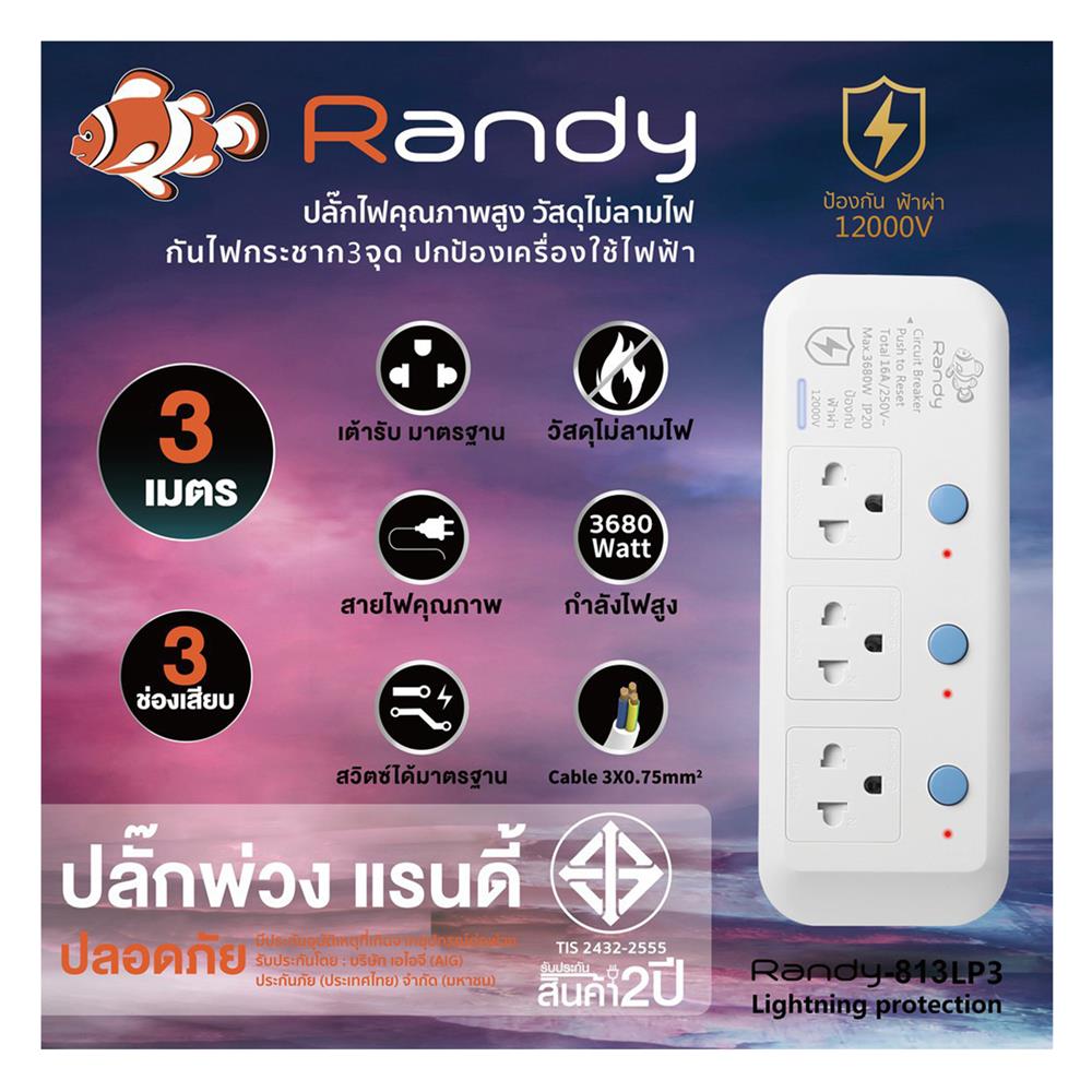 รางปลั๊กไฟ 3 ช่อง 3 สวิตซ์ กันฟ้าผ่า RANDY 813LP3 16 แอมป์ 3 เมตร สีขาว