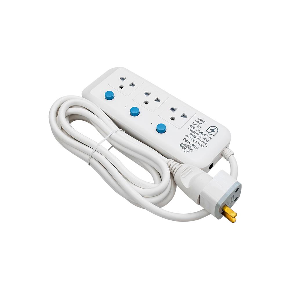 รางปลั๊กไฟ 3 ช่อง 3 สวิตซ์ กันฟ้าผ่า RANDY 813LP3 16 แอมป์ 3 เมตร สีขาว