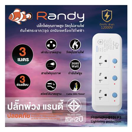 รางปลั๊กไฟ 3 ช่อง 3 สวิตซ์ กันฟ้าผ่า RANDY 813LP3 16 แอมป์ 3 เมตร สีขาว_4