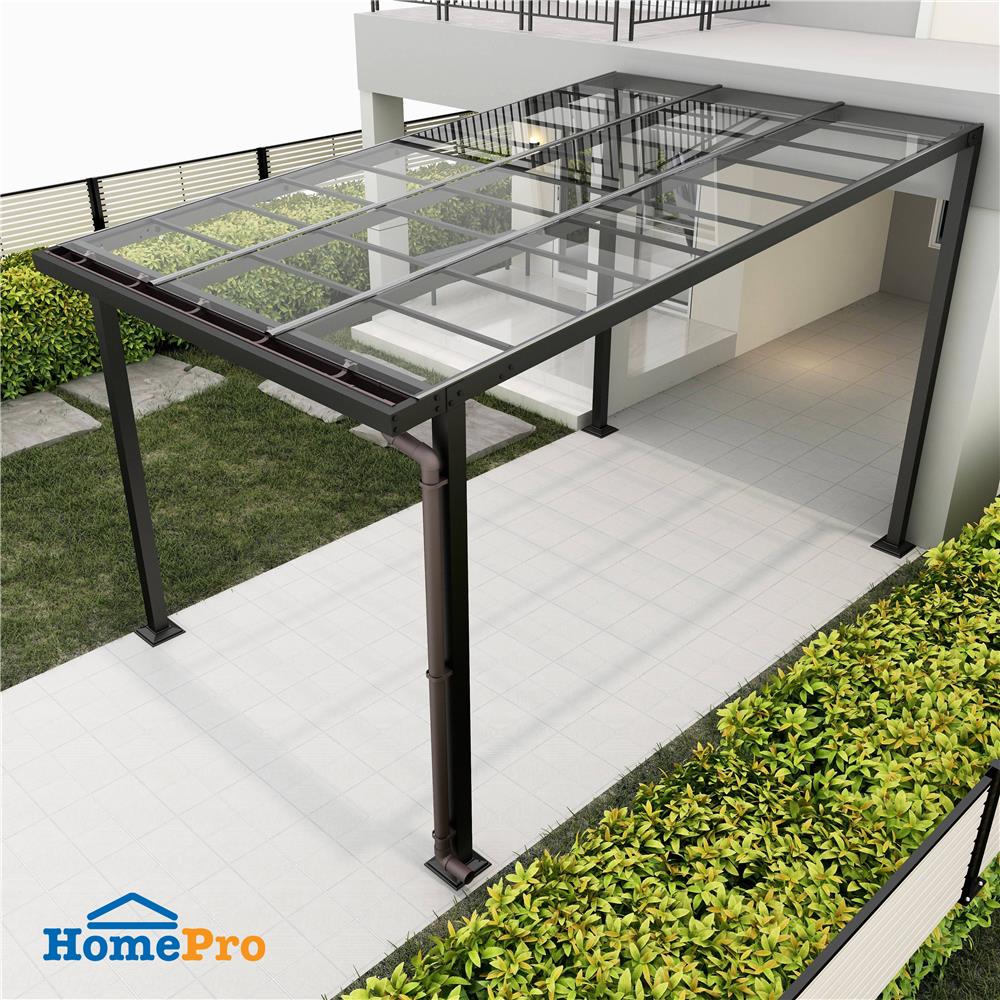 โรงจอดรถสำเร็จรูป หลังคาโพลีคาร์บอเนตแบบตัน มีรางน้ำฝน เสาธรรมดา SUNSHIELD 3x5 เมตร สีใส