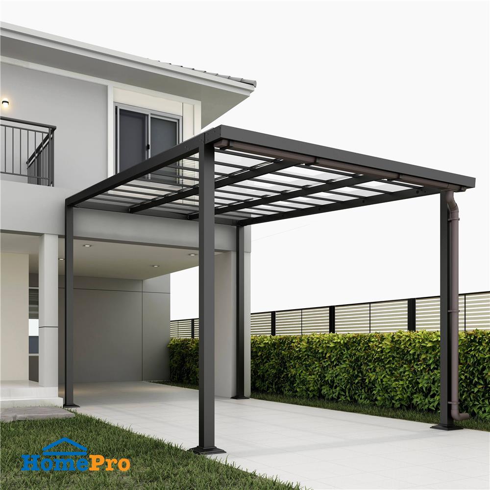 โรงจอดรถสำเร็จรูป หลังคาโพลีคาร์บอเนตแบบตัน มีรางน้ำฝน เสาธรรมดา SUNSHIELD 3x5 เมตร สีใส