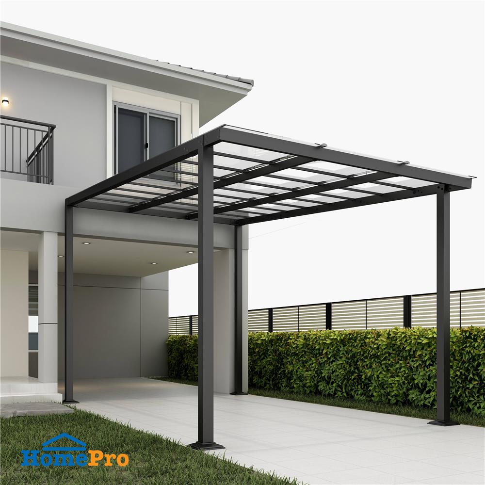 โรงจอดรถสำเร็จรูป หลังคาโพลีคาร์บอเนตแบบตัน ไม่มีรางน้ำฝน เสาธรรมดา SUNSHIELD 3x5 เมตร สีใส